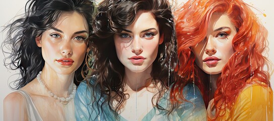 Portrait of three women in different light colors