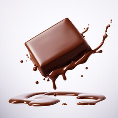 Glossy single square of chocolate aesthetic falling and dripping