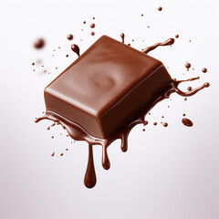 Smooth glossy single square of chocolate aesthetic falling with melted drips 