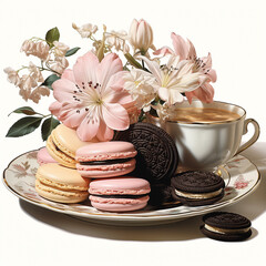 Fototapeta na wymiar Sweet treats vintage pastry tray delicacies and flowers realistic clipart mock-up