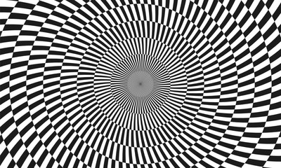 Abstract optical illusion. Hypnotic tunnel with black and white squares. Vector illustration.