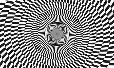 Abstract optical illusion. Hypnotic tunnel with black and white squares. Vector illustration.