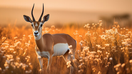 Gazelle on savanna plains with sunset background image - obrazy, fototapety, plakaty
