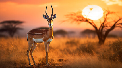 Gazelle on savanna plains with sunset background image - obrazy, fototapety, plakaty