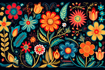 Fototapeta na wymiar Colorful Mexican embroidery floral pattern on a black background. generative AI