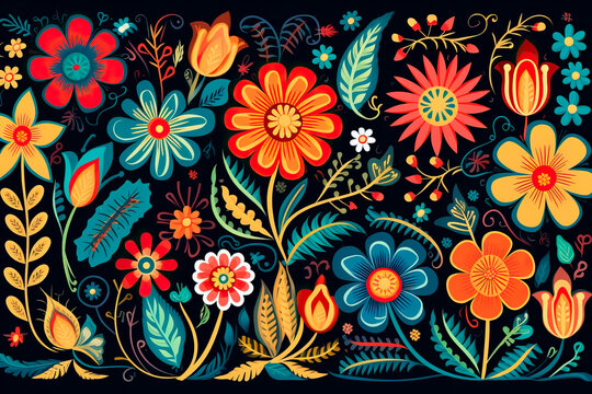 Colorful Mexican embroidery floral pattern on a black background. generative AI