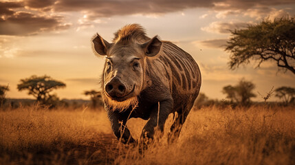 Warthog on savanna landscape with aesthetic sunset background 
