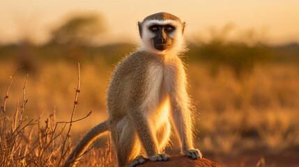 Vervet Monkey on the savanna with landscape background