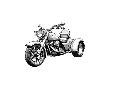 Black and white vector illustration of tricycle motorcycle isolated on white background