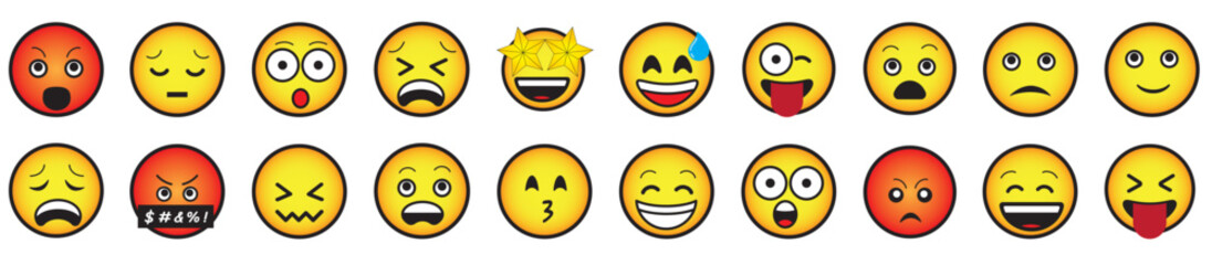 Yellow emojis. Simple style. Happy, angry, in love and sad. Vector smiley face lines.