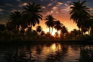Fototapeta na wymiar Tropical water and palms at sunset,Generative AI 