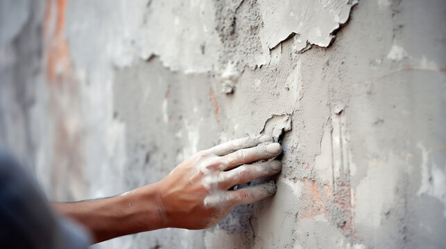 closeup hand of worker plastering cement at wall for building house, Generative Ai