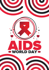 World Aids Day. Red ribbon symbol. Awareness and prevention hiv. Medical healthcare concept. Human support and protection. Celebrated annual in December 1. Poster, banner and background. Vector