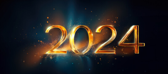2024 New Year celebration banner with gold, blue on black background. Luxury, elegant design. Copy space for text. 