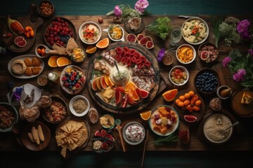 Healthy food selection on wooden background. Top view, flat lay. Generative AI.