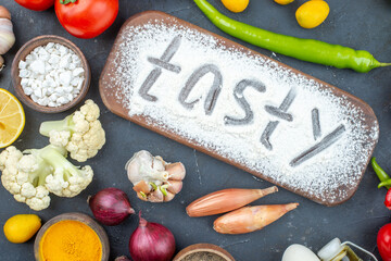 top view fresh vegetables with eggs and seasonings on dark background color salad meal flour dough food health diet milk