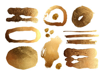 Gold bronze glitter brushstroke painting blot smear design elements Abstract glow shine stain on...