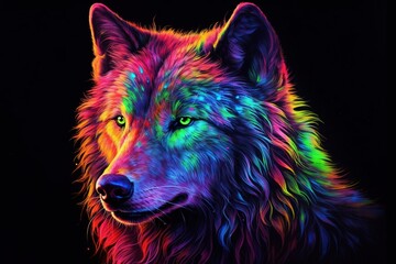 Naklejka premium Colorful wolf paints on a black background. Created with generative AI.