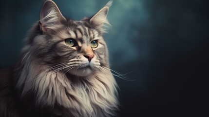 Fototapeta premium Maine coon cat horizontal photo portrait close up. Free space for text. Ai generated