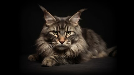 Fototapeta na wymiar Maine coon cat horizontal photo portrait. Maine coon cat looking at the camera. Ai generated