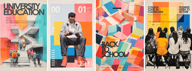 University, education and students. Vector illustrations of a school, a student reading for lessons, people listening to a lecture and a pattern of books and textbooks for a background, poster - obrazy, fototapety, plakaty