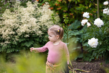 toddler girl staying among the greenery in the garden, children activity outdoor, healthy growing up - obrazy, fototapety, plakaty