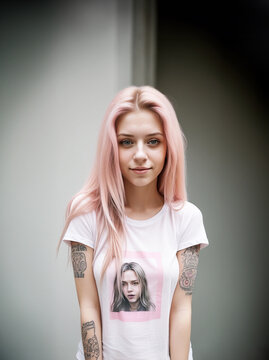 Illustrazione Generative Ai di giovane ragazza, sguardo accattivante, capelli lunghi rosa, maglietta bianca, tatuaggi sulle braccia, moderna e informale, sfondo neutro