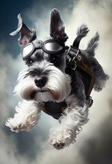 Miniature Schnauzer jumping with a parachute. AI Generated
