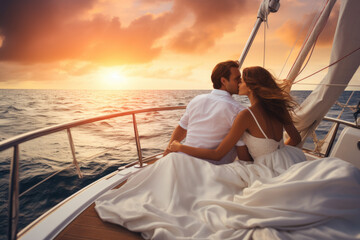 Romantic vacation, beautiful young couple relaxing on a luxury yacht