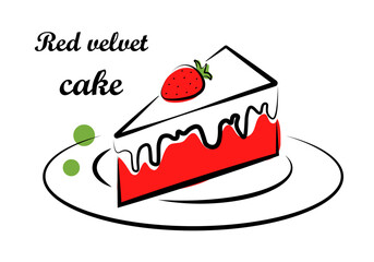 Piece of cake on a plate. Red velvet cake. Vector illustration in doodle style