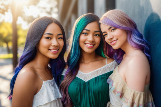 Digital photo of Group of cheerful college women, standing in the campus of the university or college. Back to School concept. Generative AI