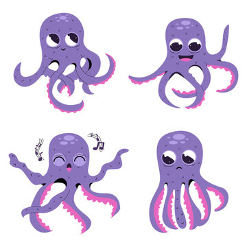 Set wiht cute purple octopus cartoon. Vector illustration isolated on a white.