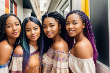 Obraz premium Digital photo of Group of cheerful college women, standing in the campus of the university or college. Back to School concept. Generative AI