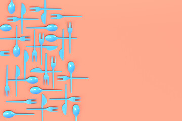 Set of disposable utensils like spoon, fork and knife on monochrome background.