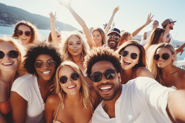 Group of mix race young people having a party on the luxury yacht