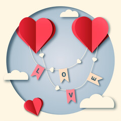 Нearts in the clouds tied with the word love