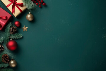 christmas gifts on a green background with copy space