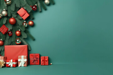 Christmas gifts on a green background, copy space