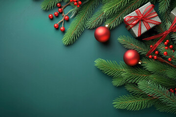 Fototapeta na wymiar Christmas gifts on a green background, copy space