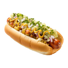 Delicious hot dogs fully loaded isolated on transparent background. Generative ai