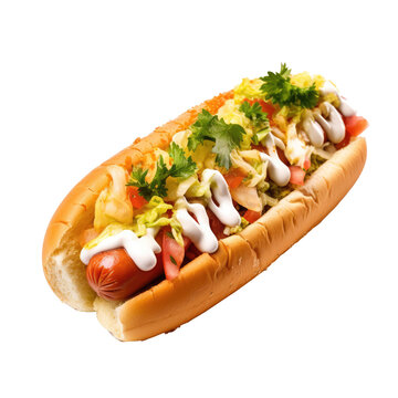 Delicious hot dogs fully loaded isolated on transparent background. Generative ai