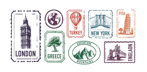 Collection of city stamps, London, Turkey, Greece, New York, Pisa, Mountains