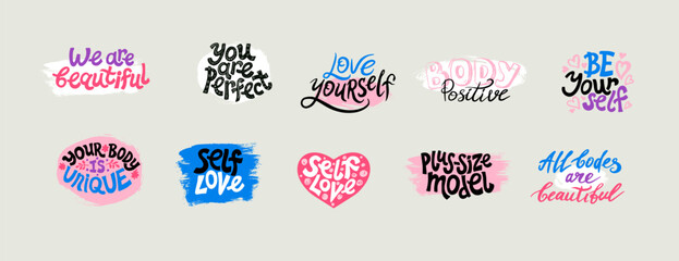 Unique vector hand drawn inspirational, positive quote. Body positivity. Love yourself. For t-shirts, social networks, posters, cards, banners, textiles, design elements.