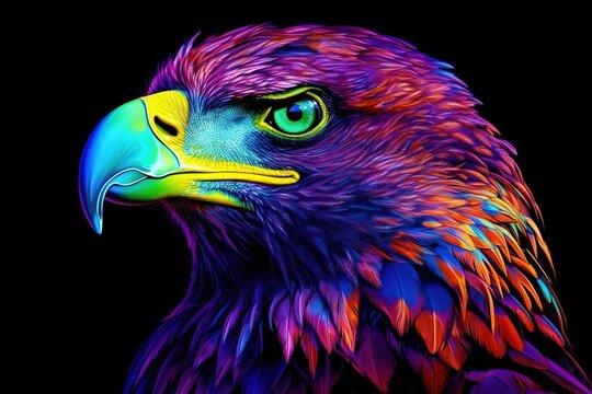 Colorful eagle paints on a black background. Created with generative AI.