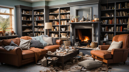 Fototapeta premium Homely Chaos: a Messy Disorganized Living Room of a Family Home, Generative AI