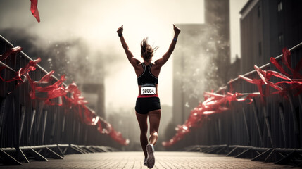 She crosses the finish line, triumphant after a marathon race, with a beaming smile on her face.