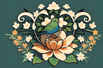 Illustration of flower Ornamente with bird. generative ai
