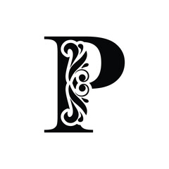 capital  letter P. Black flower alphabet. Beautiful capital letters with shadow