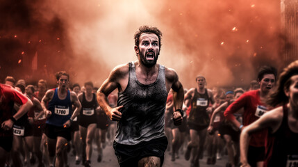 He sprints ahead of the competition, leading the marathon race. - obrazy, fototapety, plakaty