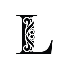 capital  letter L. Black flower alphabet. Beautiful capital letters with shadow